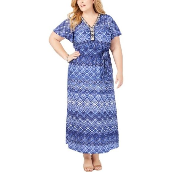 NY Collection Beaded Self Tie Blue Maxi Dress 1X Petite - Picture 4 of 9